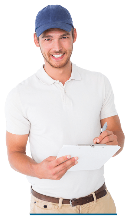 Happy deliveryperson with clipboard on isolated background.