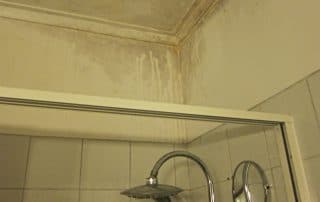 Water damage causing mold and moisture on the ceiling and walls in a bathroom
