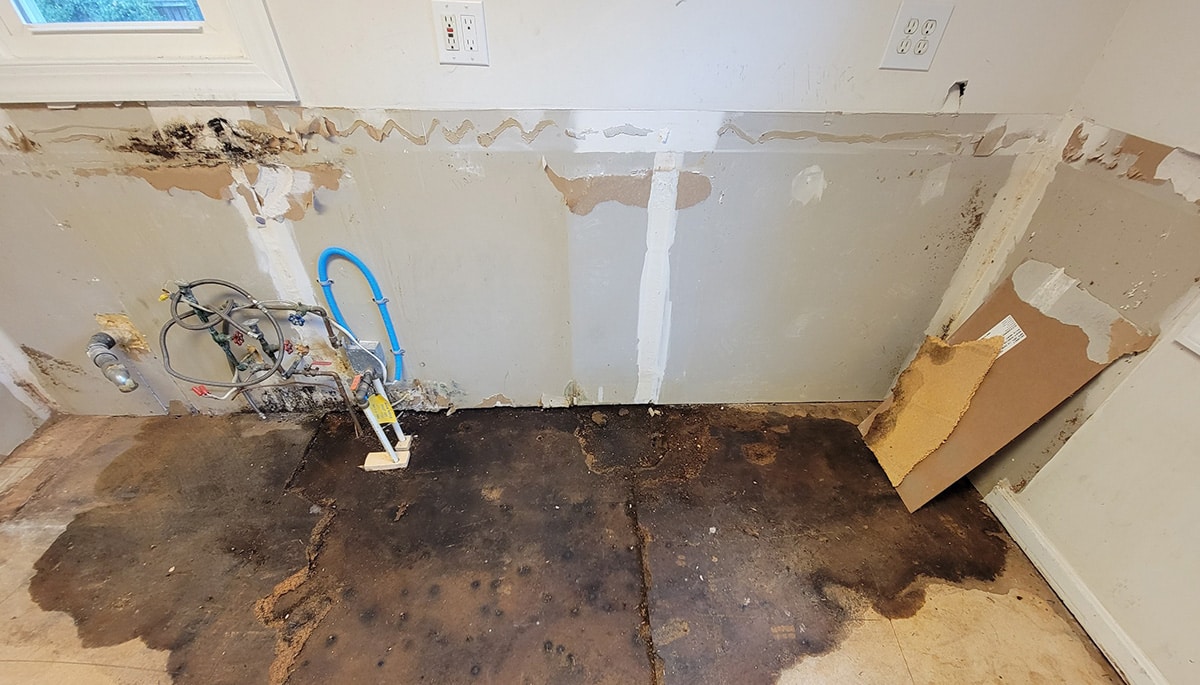 Water damaged subfloor in a residential kitchen