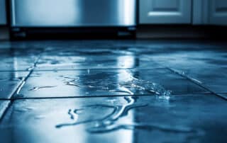Water on a tile floor that has leaked out of a refrigerator